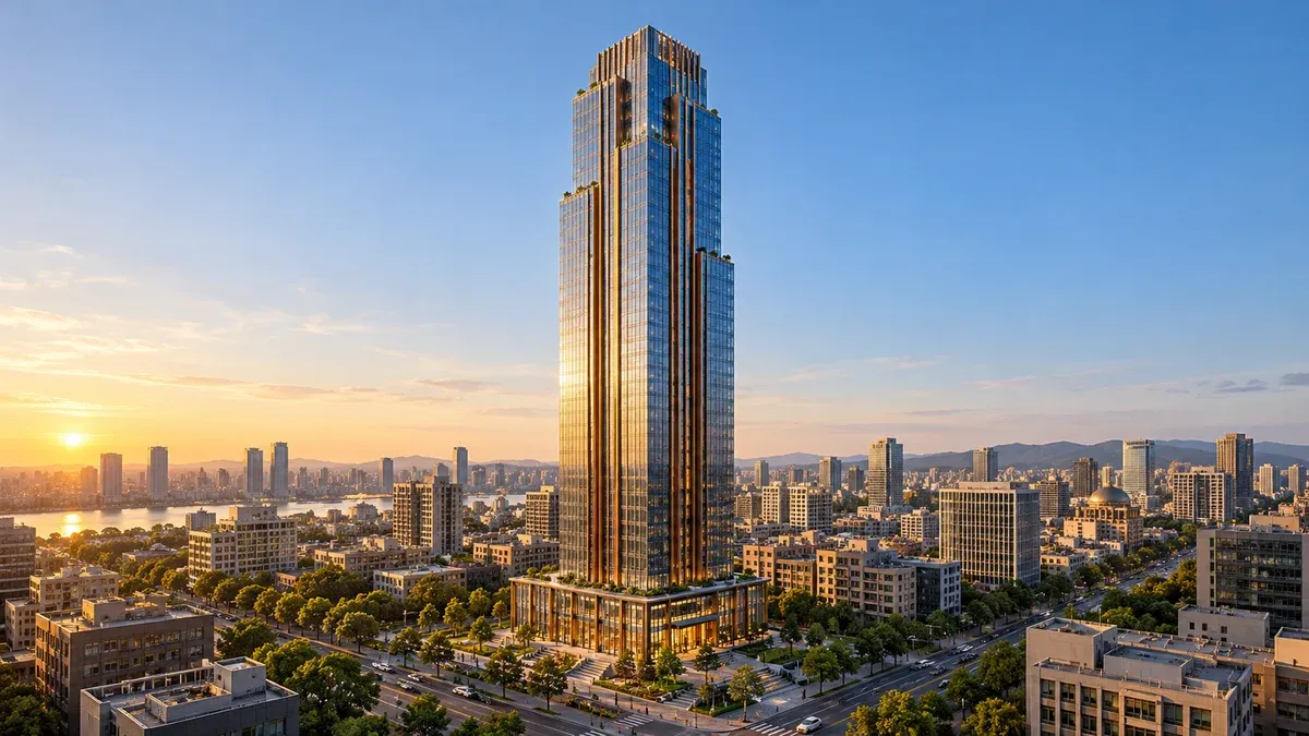 The last frame: a completed glass tower with a stepped crown, bronze fins and a low podium in an existing city