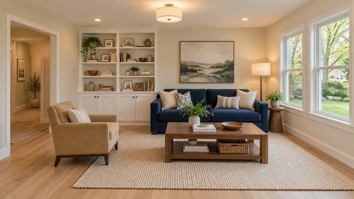 Completed endpoint with navy seating, a walnut coffee table, cream area rug and white built-in cabinetry