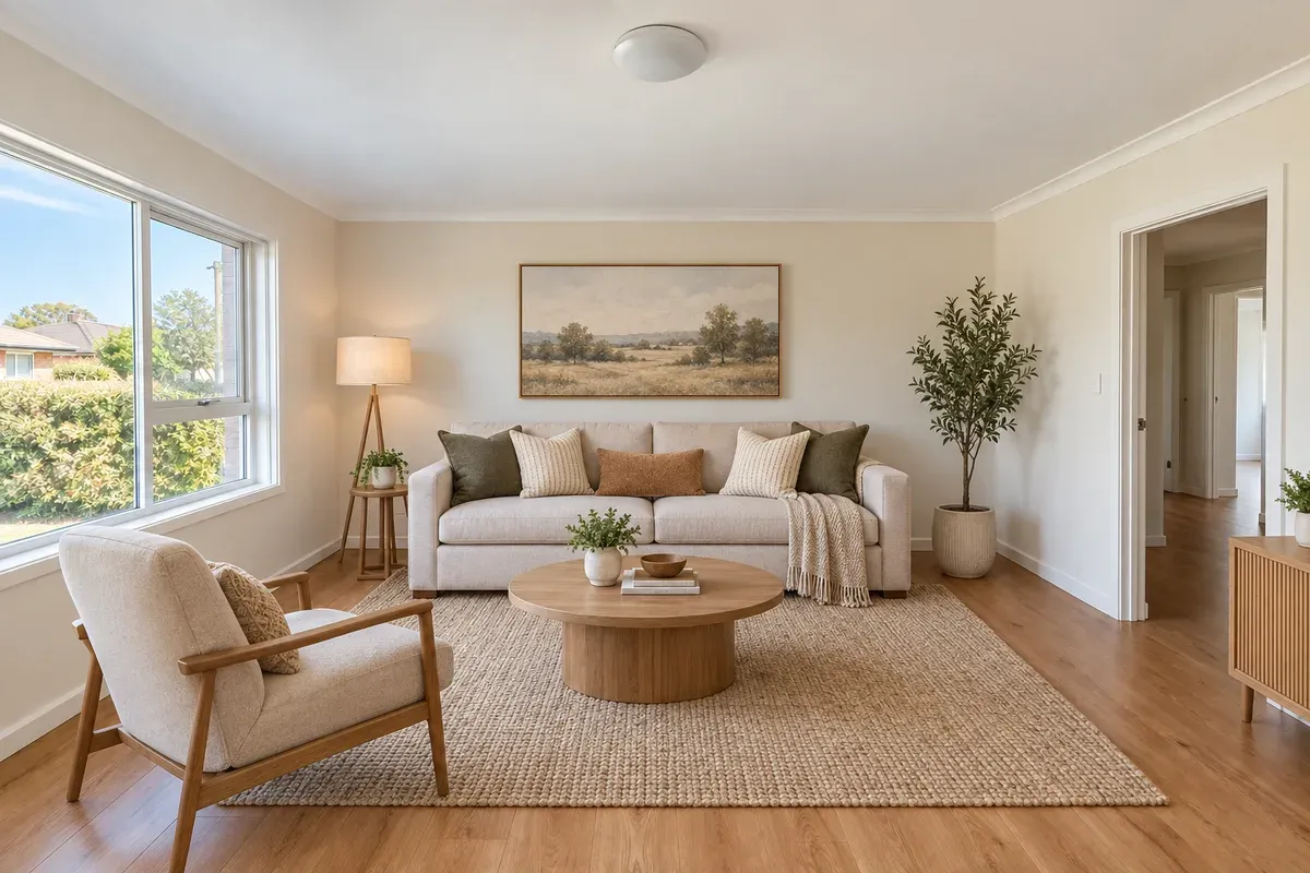 Flare: sofa on the back wall, armchair by the window and an open doorway