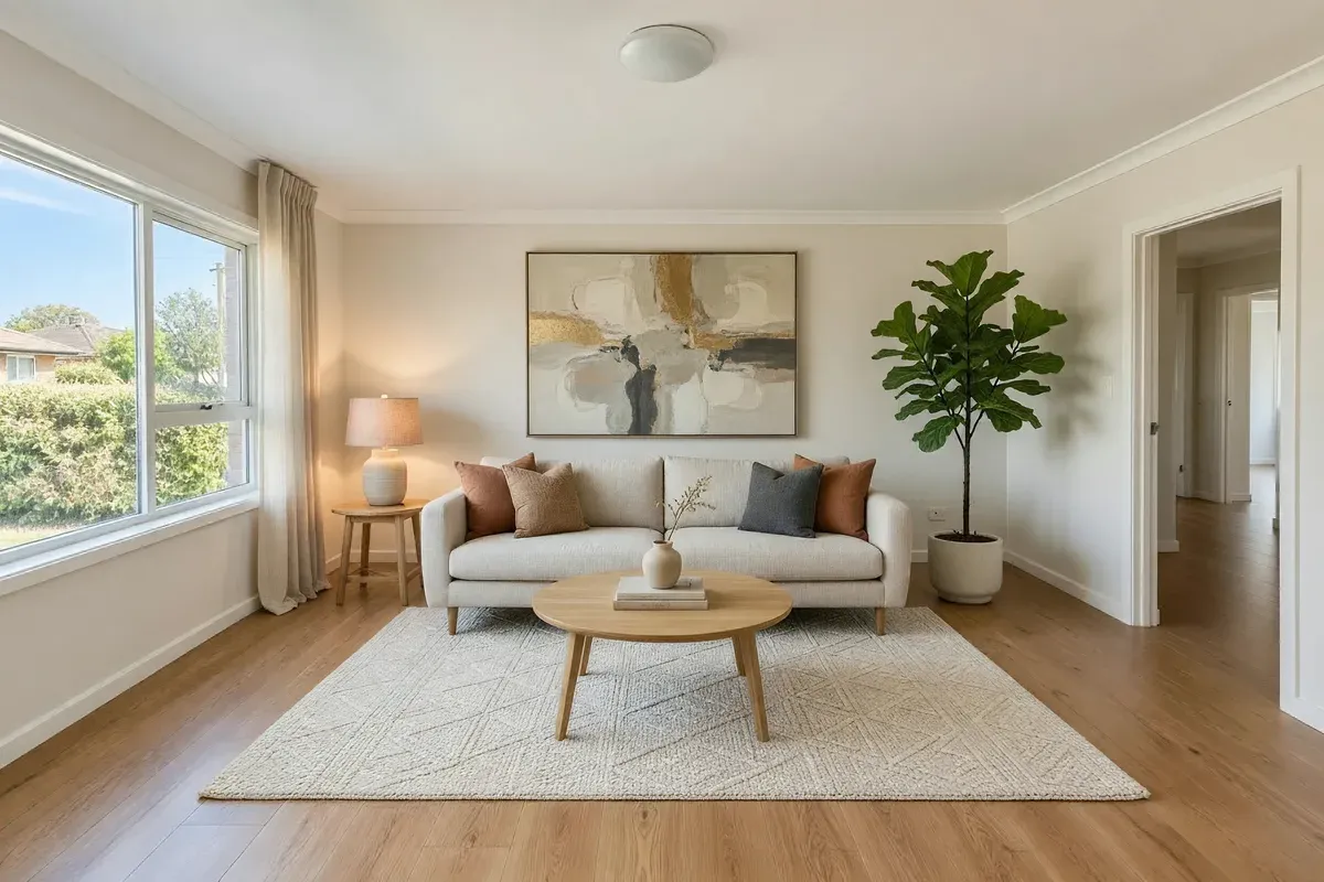 Grok: warmly lit seating, a new curtain and an added outlet to the right of the sofa