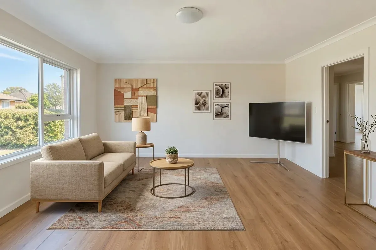 Nano Banana 2: sofa beneath the window, small rug and television near the doorway