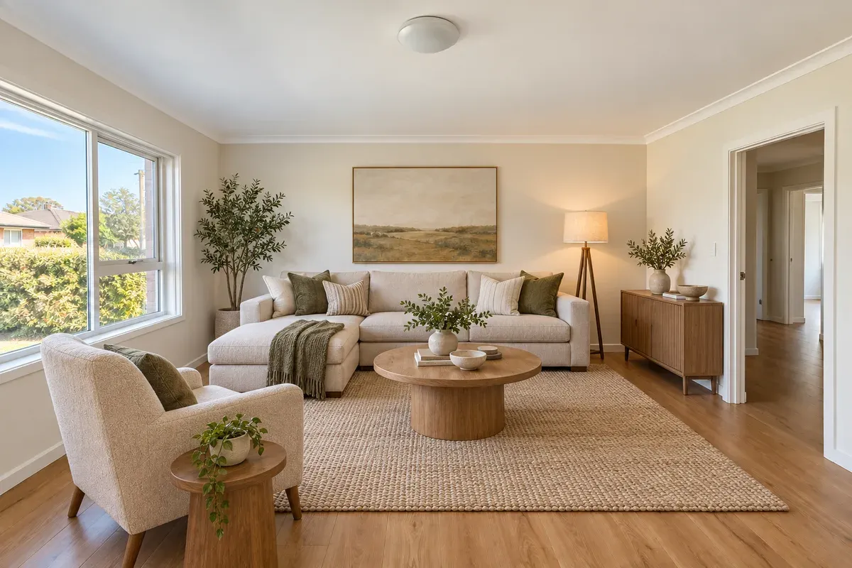 Sunburst: sectional, armchair and sideboard in the original room