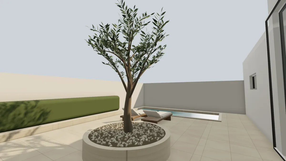 The courtyard in the browser: procedural olive tree, planter, loungers, pool and hedge