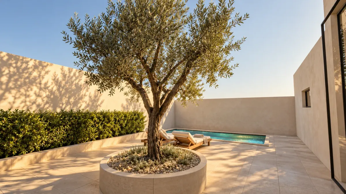 The courtyard as a photoreal render: a gnarled olive tree, teak loungers by a turquoise pool, leaf shadows on the walls