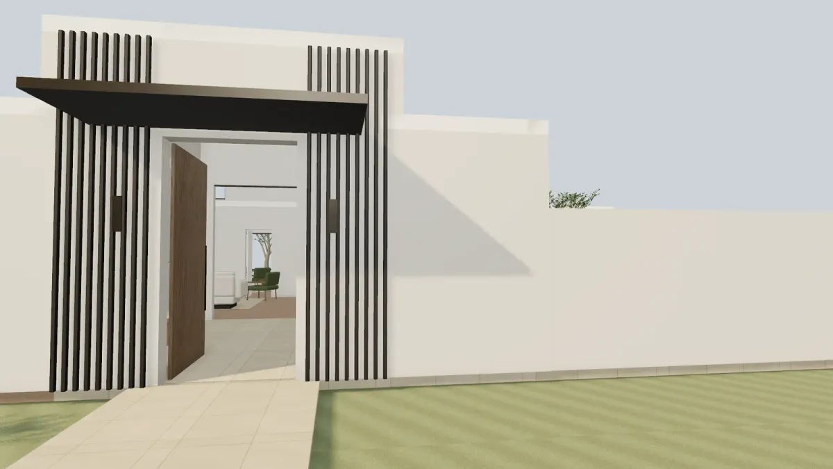 At the front door: the facade is material, the house behind the door is still a drawing