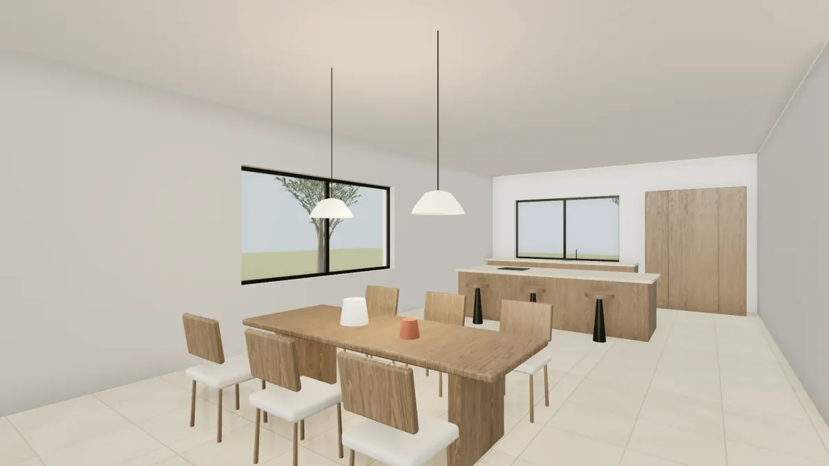 The kitchen and dining room in the browser: oak table, simple chairs, flat white light