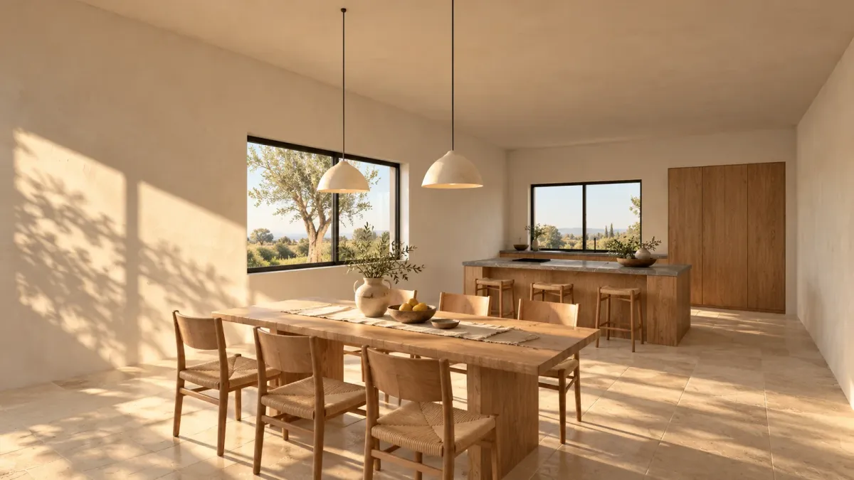 The same kitchen as a photoreal render: rush-seat chairs, stone island top, olive branches, sunlight across the floor
