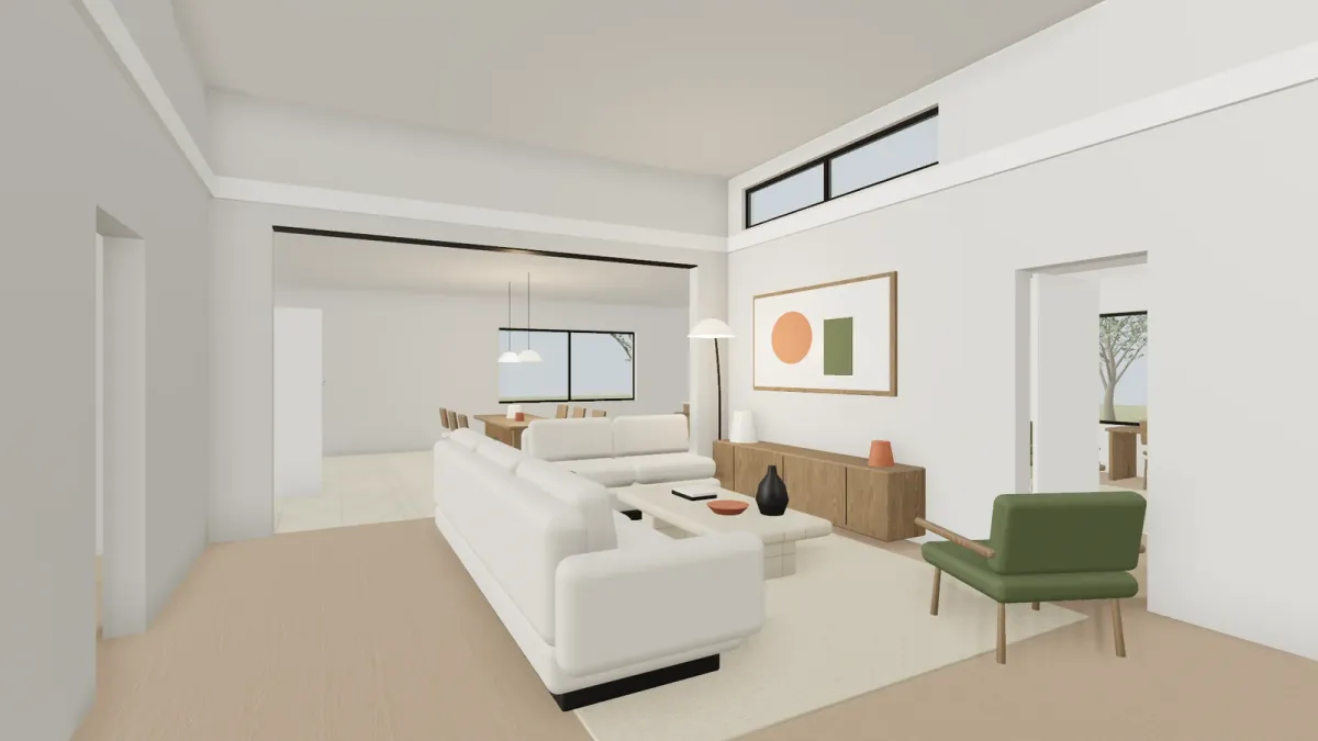 The living room as the browser renders it: rounded box sofa, flat light