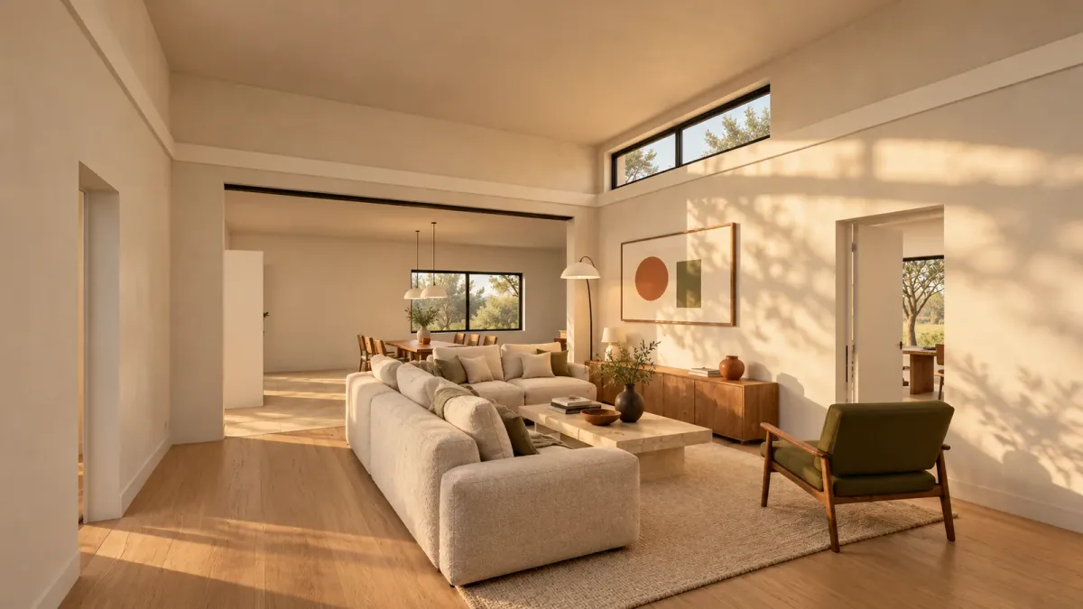 The same living room as a photoreal render: boucle sofa, travertine table, sunlight and leaf shadows on the wall