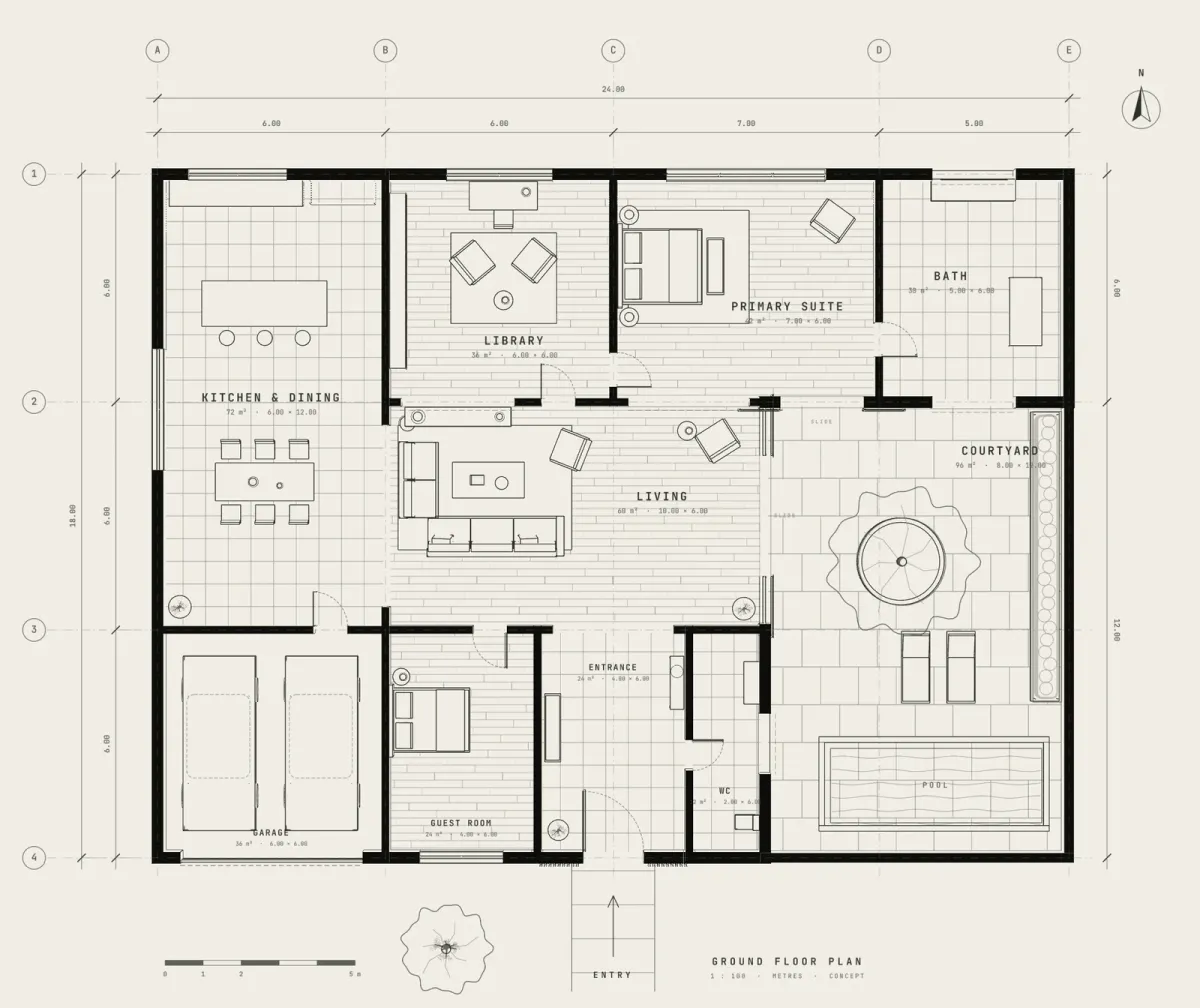 The courtyard house plan: axes, dimension strings, room names and areas, door swings and furniture, all generated from the same data as the 3D model