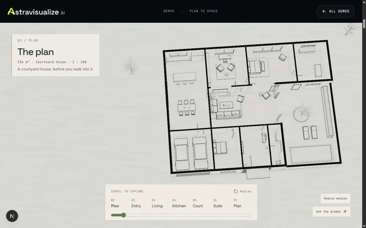 Mid-scroll: the walls grow out of the plan, black on top, pale on the faces, every room still a line drawing