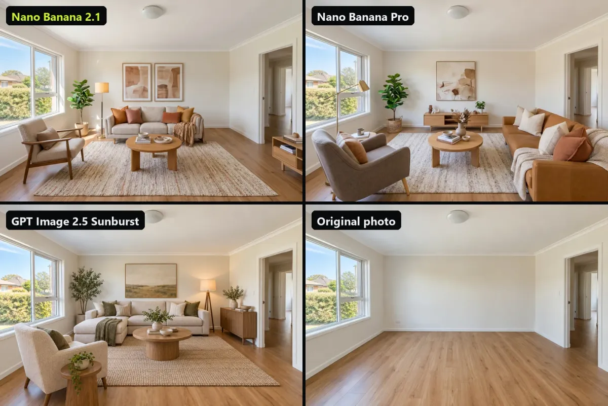 The empty living room staged by Nano Banana 2.1, Nano Banana Pro and GPT Image 2.5 Sunburst at 2K, next to the original photo