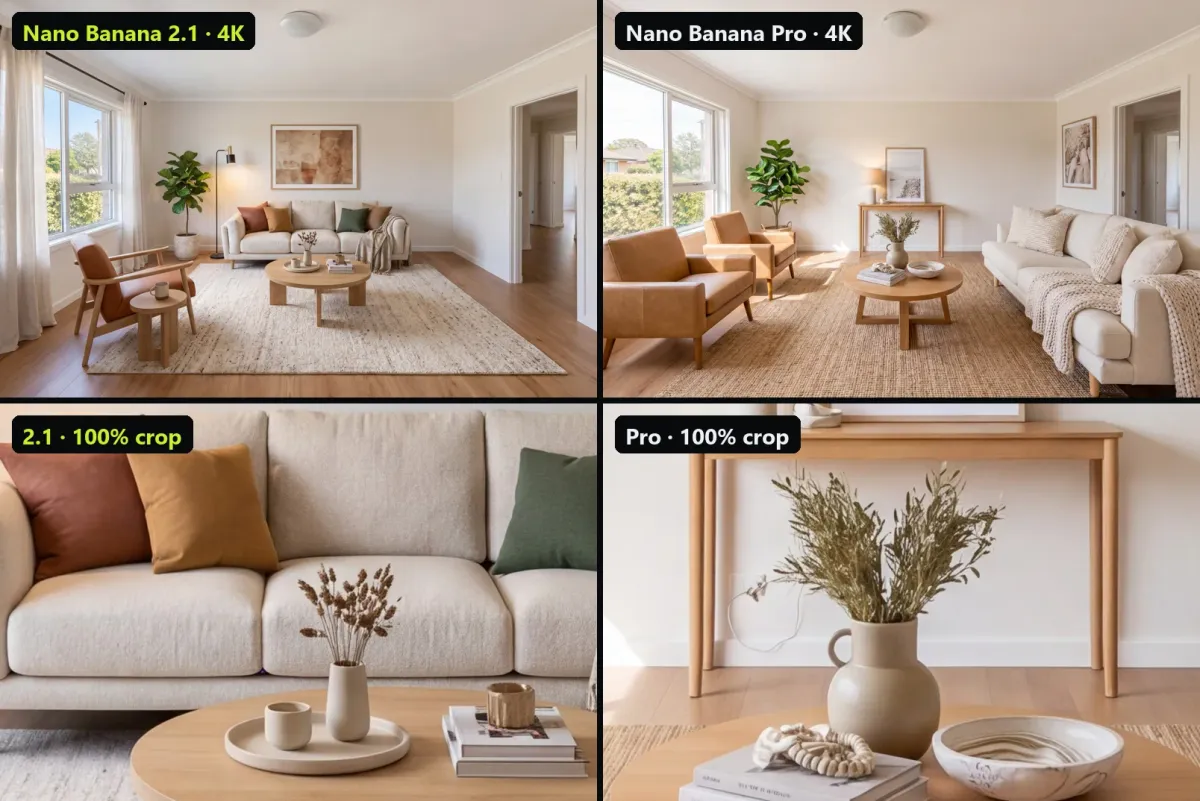 Nano Banana 2.1 and Nano Banana Pro at 4K, with full frames and 100 percent crops