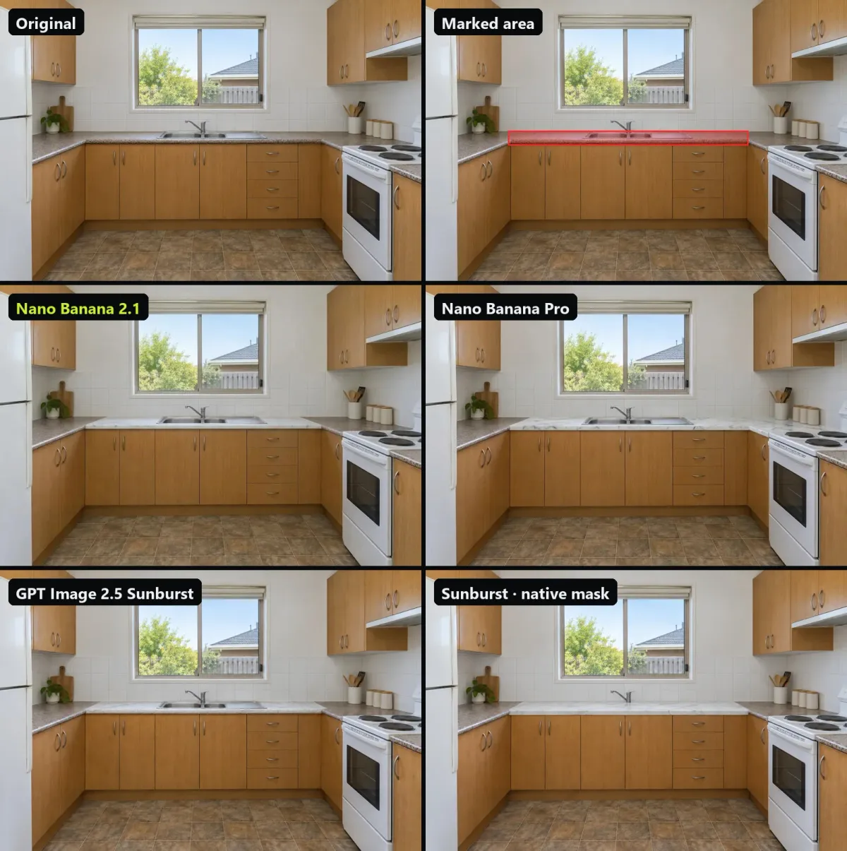 The kitchen original, the marked area, and results from Nano Banana 2.1, Nano Banana Pro, GPT Image 2.5 Sunburst and Sunburst with a native mask