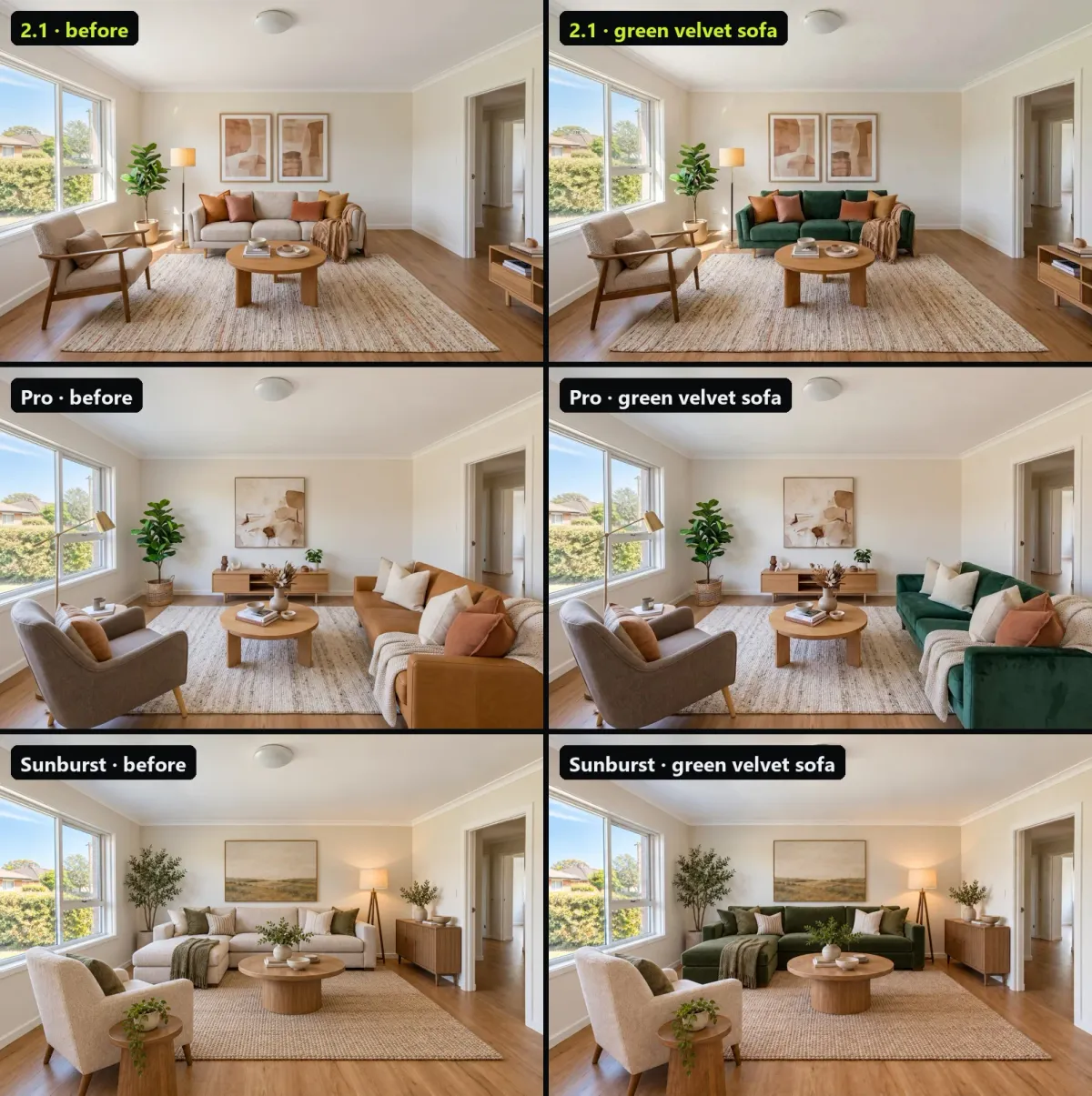 Before and after a second edit for each model: only the sofa changes to green velvet