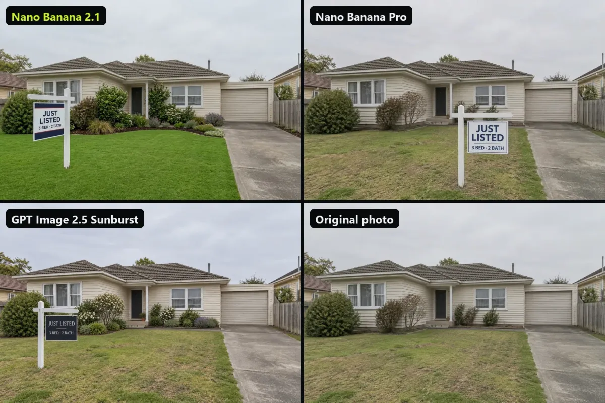 A just listed sign added to the front lawn by Nano Banana 2.1, Nano Banana Pro and GPT Image 2.5 Sunburst
